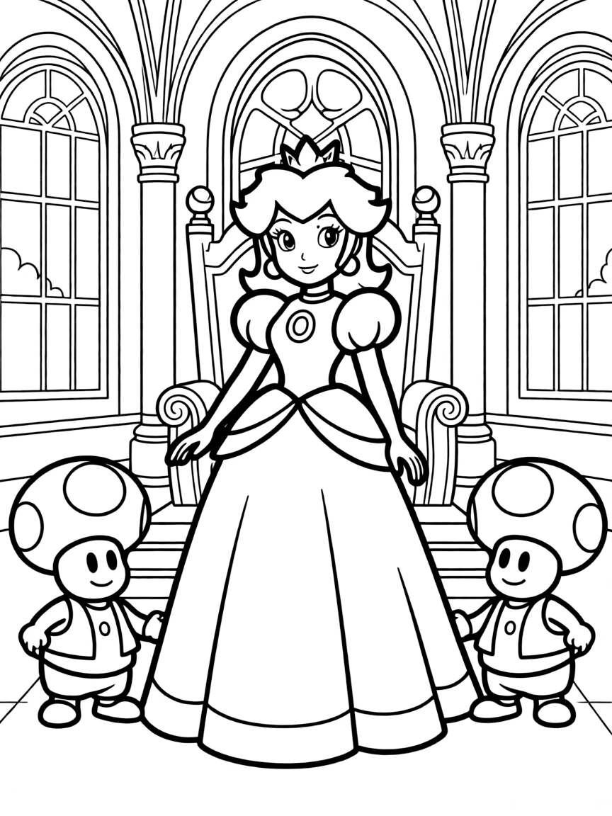 Princess Peach in her castle with Toad attendants