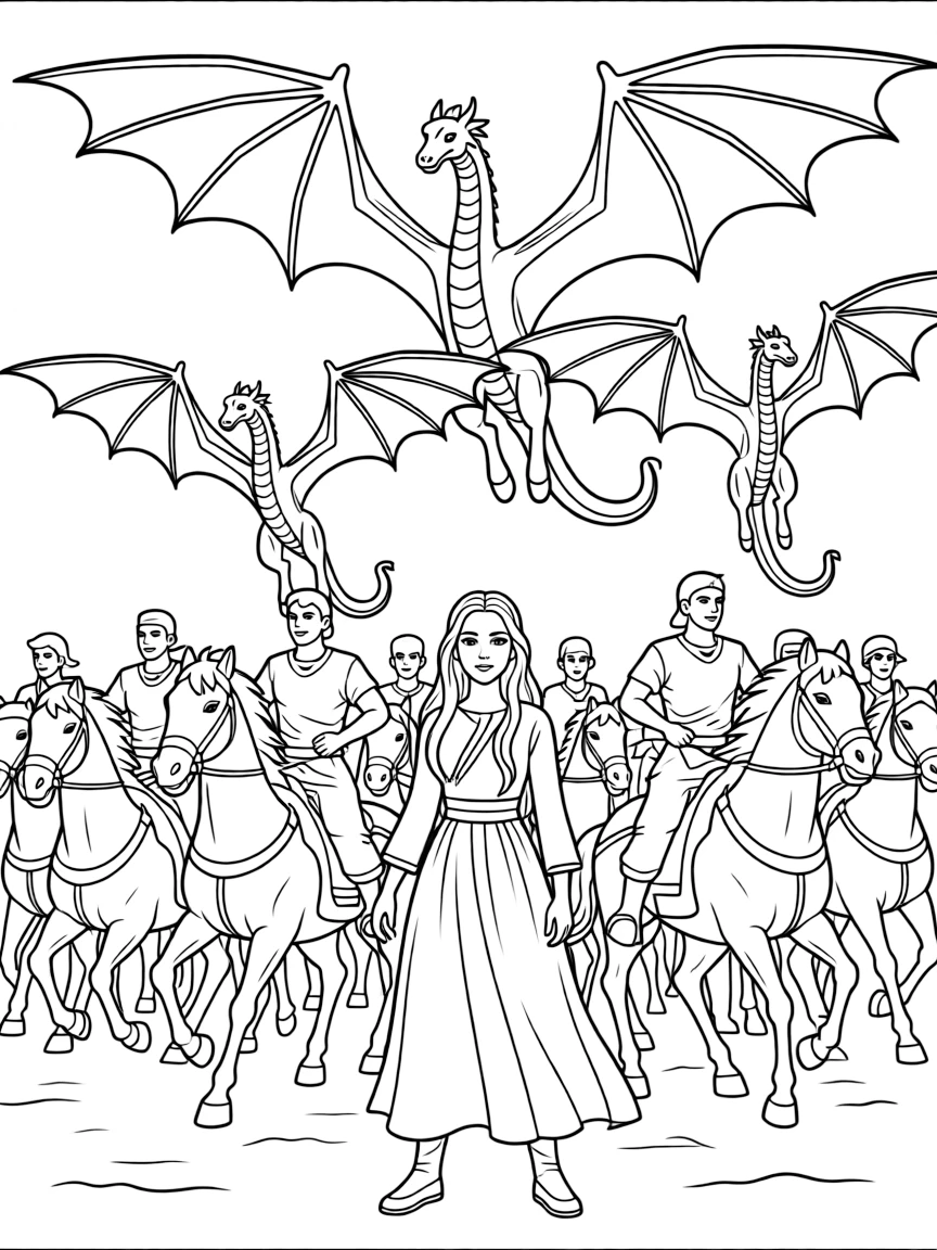 Daenerys and her dragons soaring above a Dothraki horde
