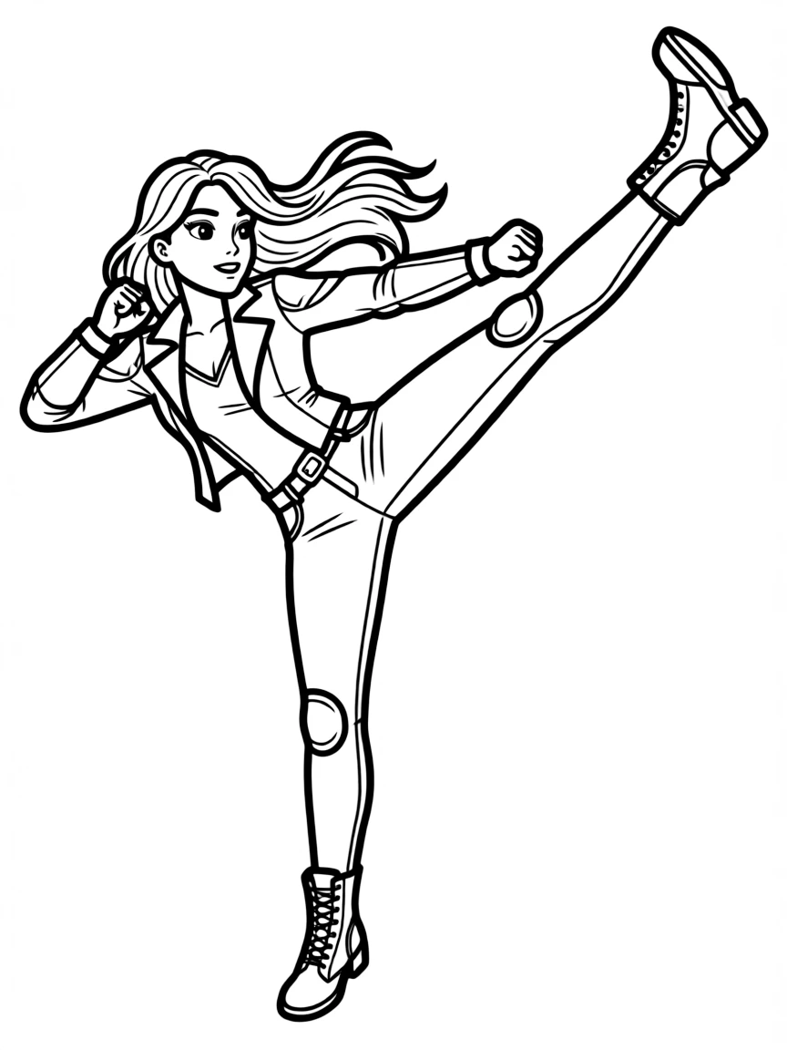 Trinity in mid-air kick with her leather outfit