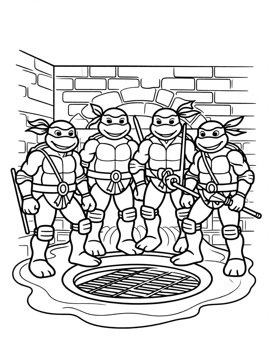 The Teenage Mutant Ninja Turtles emerging from the sewers
