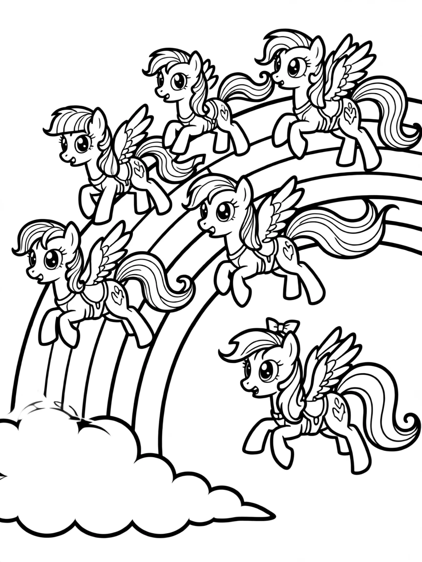 My Little Pony characters galloping across a rainbow