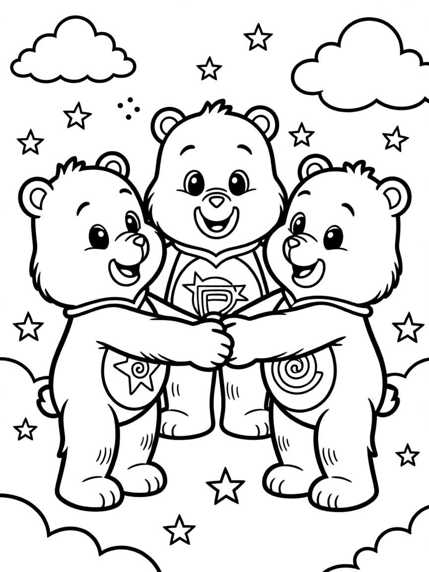 Care Bears using their belly badge powers together
