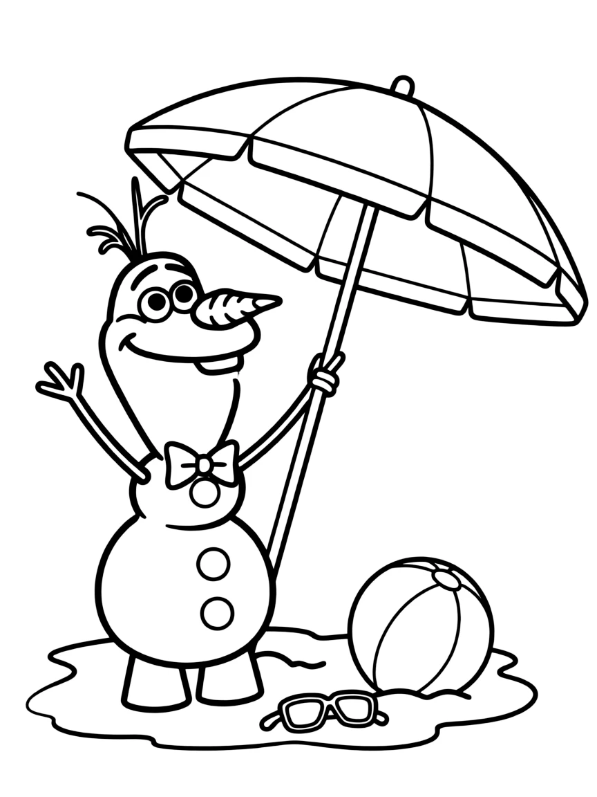 Olaf from Frozen dreaming of summer with a beach umbrella