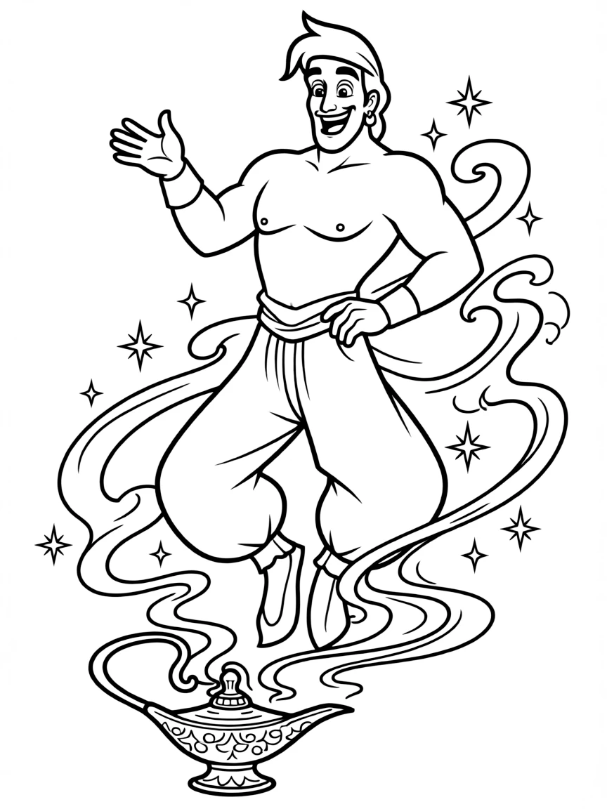 Genie from Aladdin emerging from his lamp with magical flair