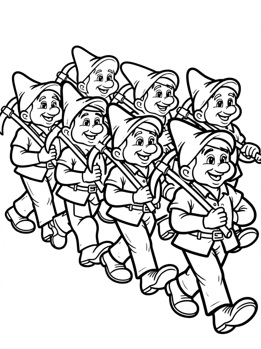 The Seven Dwarfs from Snow White marching to work with pickaxes