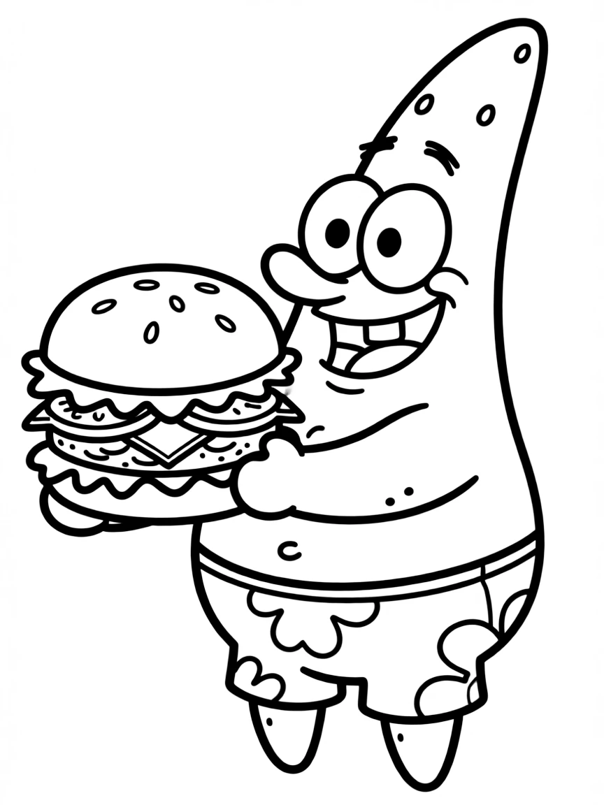 Patrick Star from SpongeBob SquarePants eating a Krabby Patty