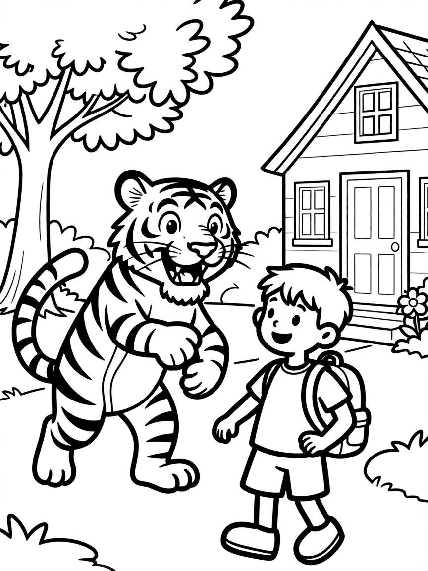 Hobbes pouncing on Calvin as he arrives home from school