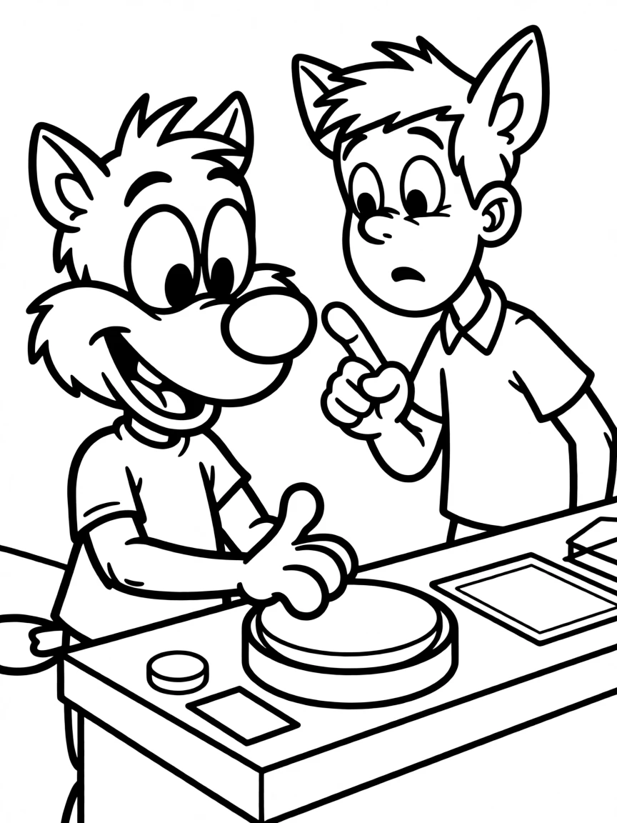 Stimpy pushing the red button despite Ren's warnings