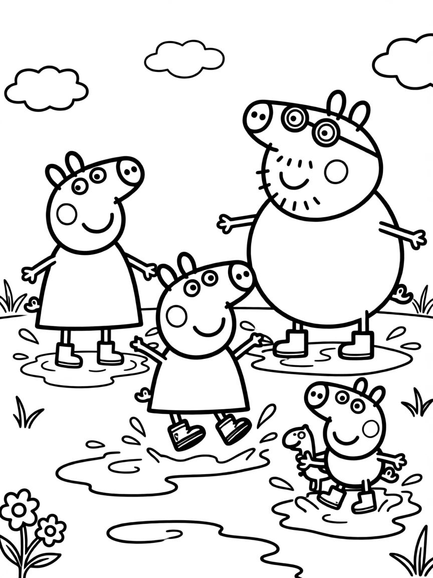 Peppa Pig jumping in muddy puddles with her family