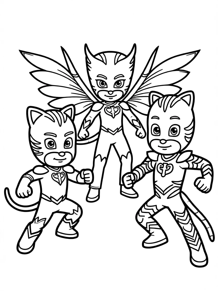 The PJ Masks striking heroic poses in their nighttime costumes