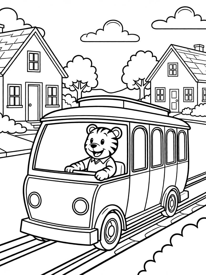 Daniel Tiger riding the trolley through his neighborhood