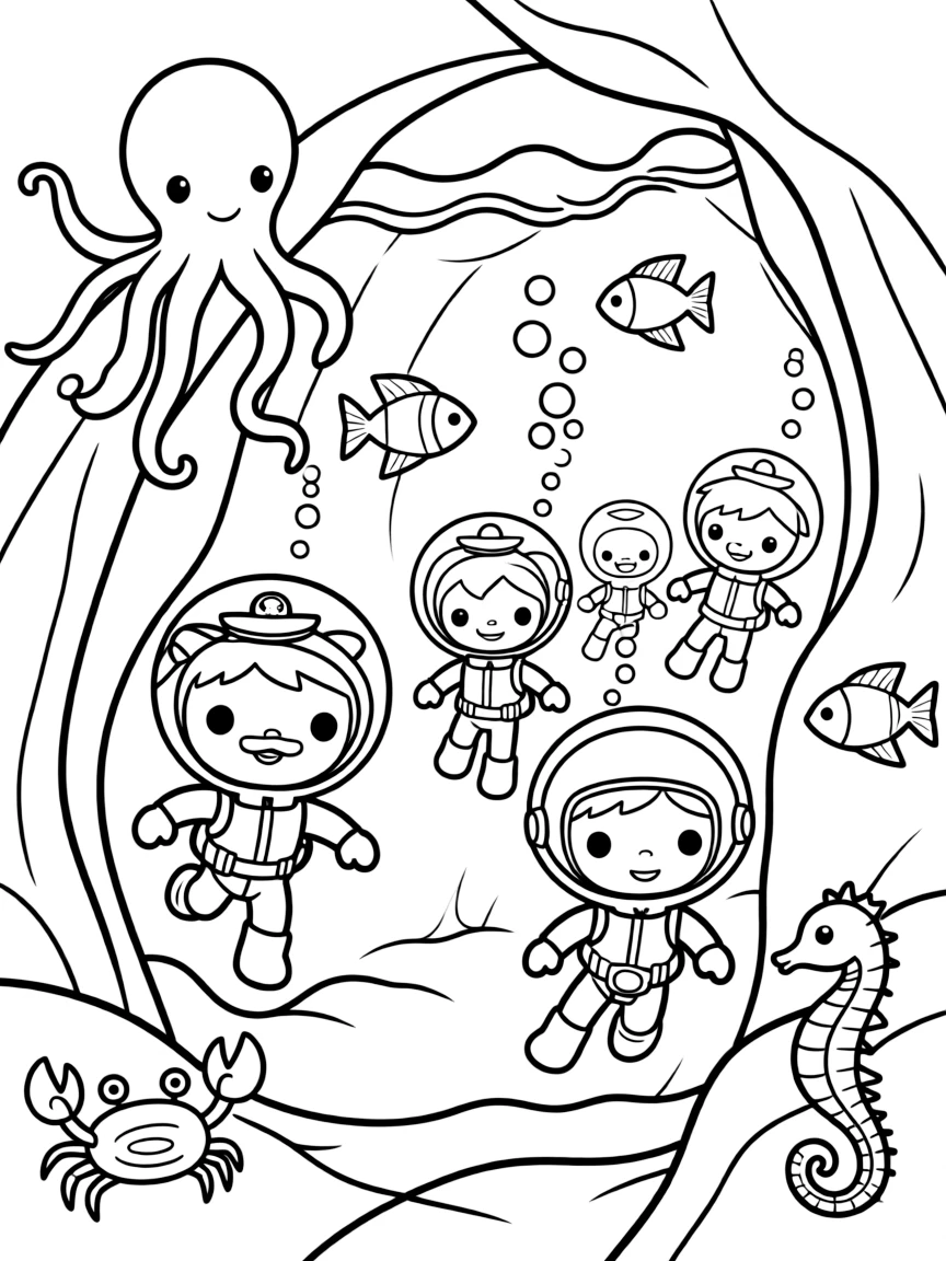 The Octonauts exploring an underwater cave with sea creatures