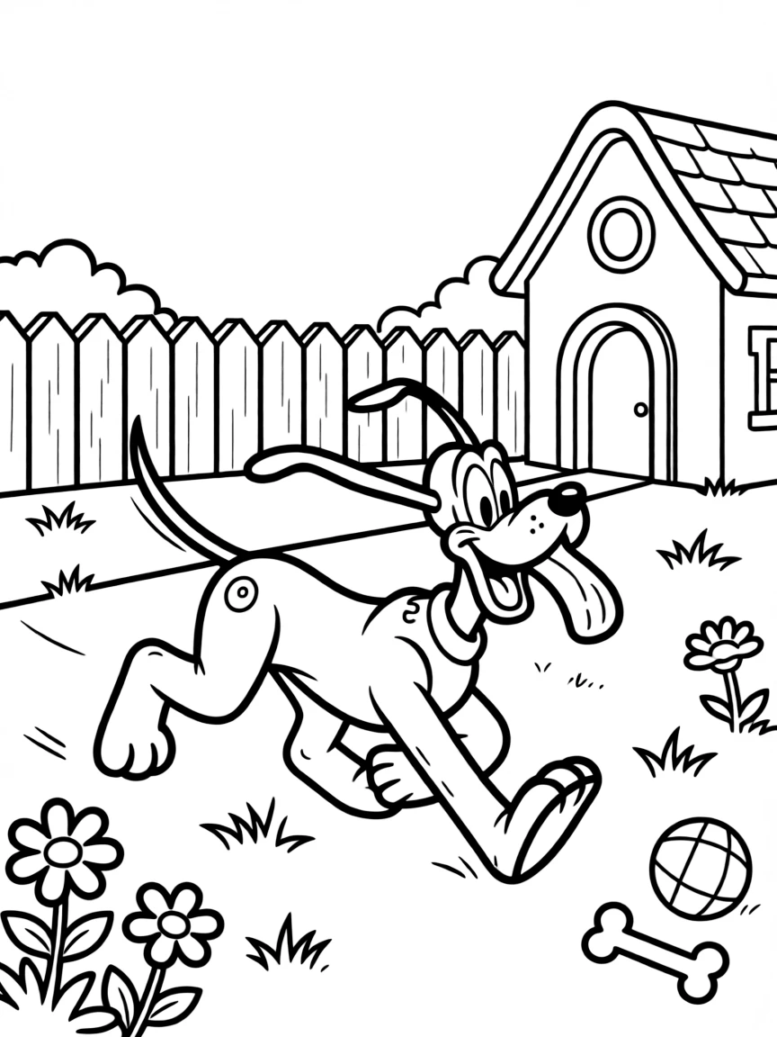 Pluto chasing his tail in Mickey's yard