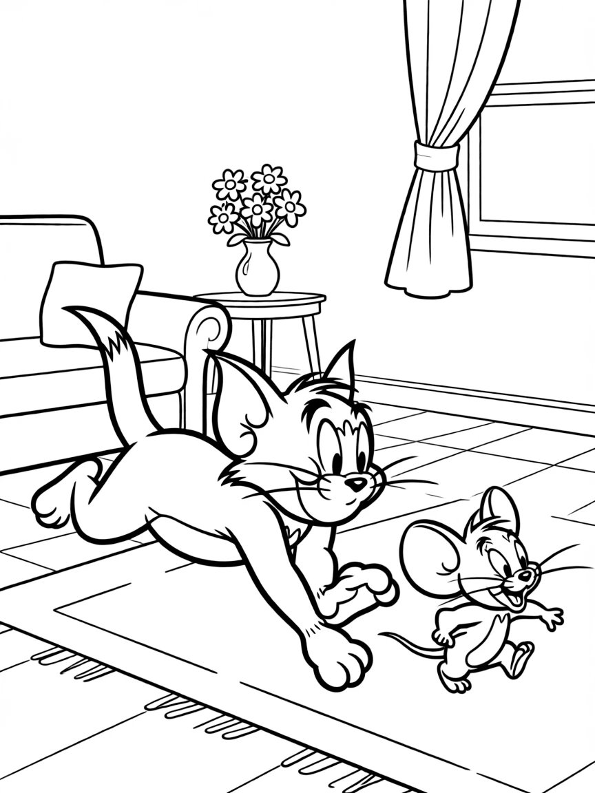 Tom and Jerry in classic chase pose through a house