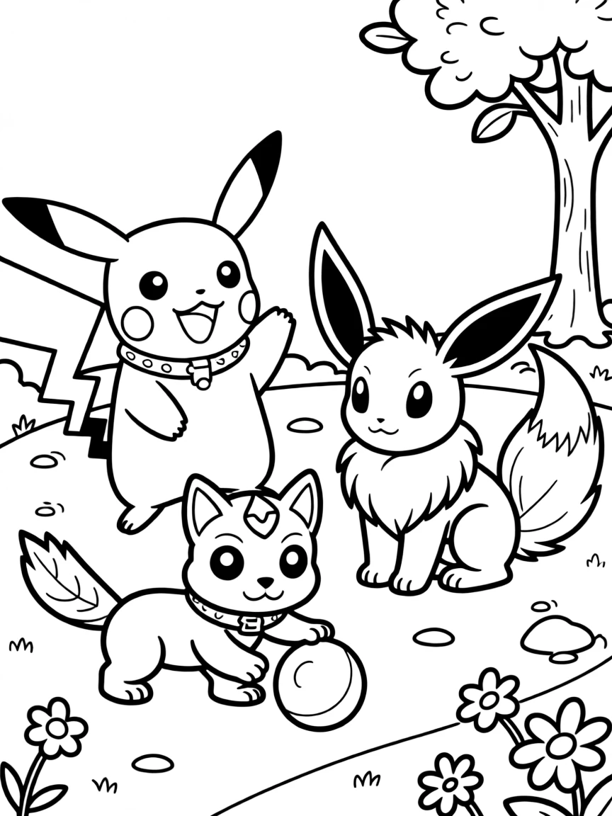 Poké-Pets Pikachu, Eevee, and Meowth playing together