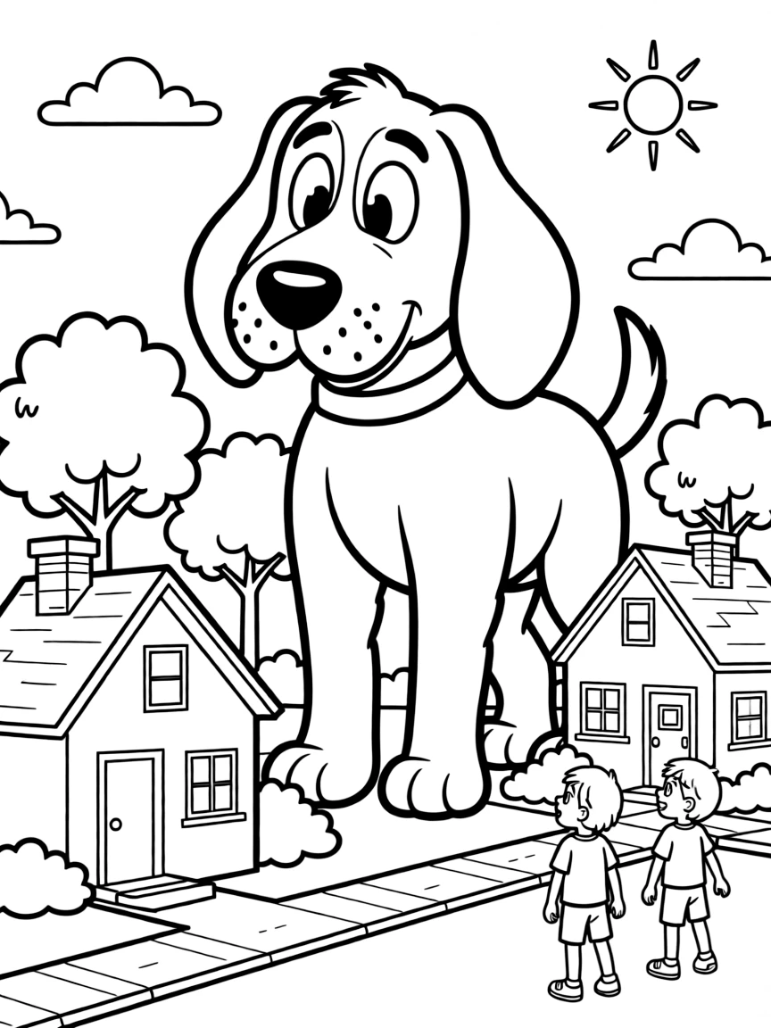 Clifford the Big Red Dog towering over his neighborhood