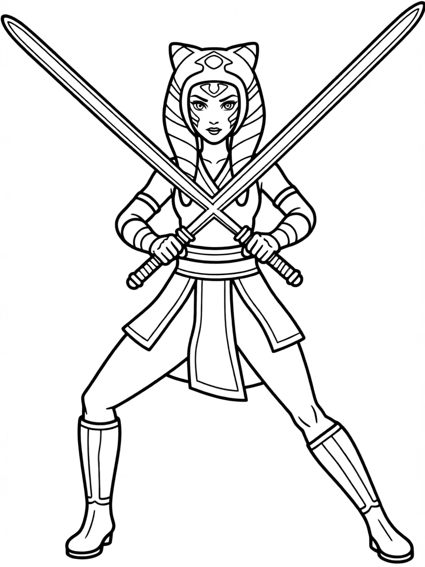 Ahsoka Tano with dual lightsabers in fighting stance