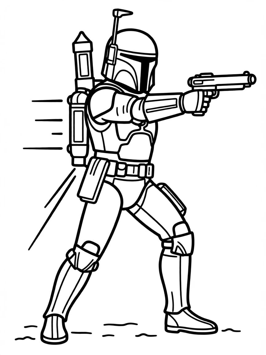 Boba Fett with jetpack activated and blaster ready
