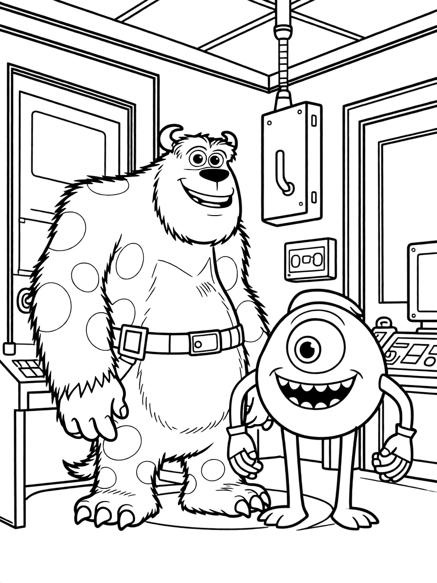 Sully and Mike from Monsters Inc. at work on the scare floor