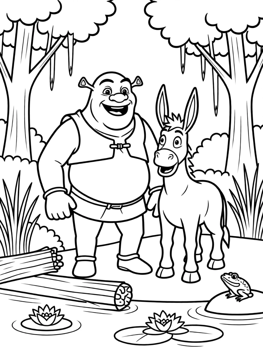Shrek and Donkey in the swamp with surprised expressions