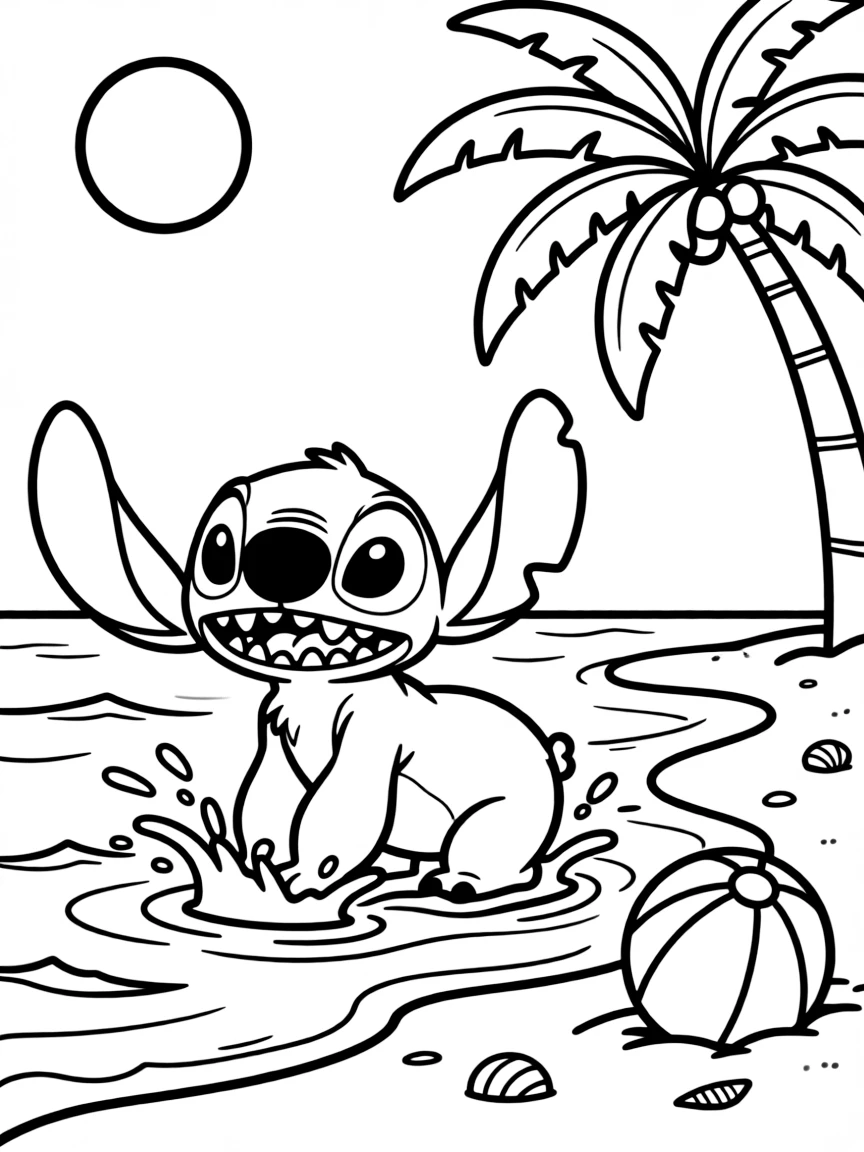 Stitch from Lilo & Stitch causing mischief on the beach