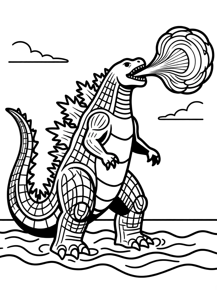 Godzilla emerging from the ocean with atomic breath ready