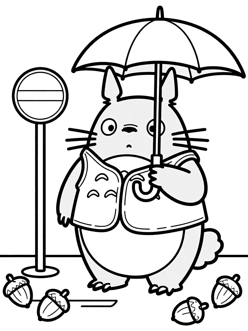 Totoro waiting at the bus stop with umbrella and acorns