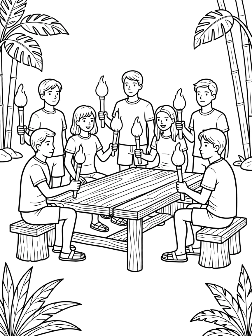 The cast of Survivor at tribal council with torches