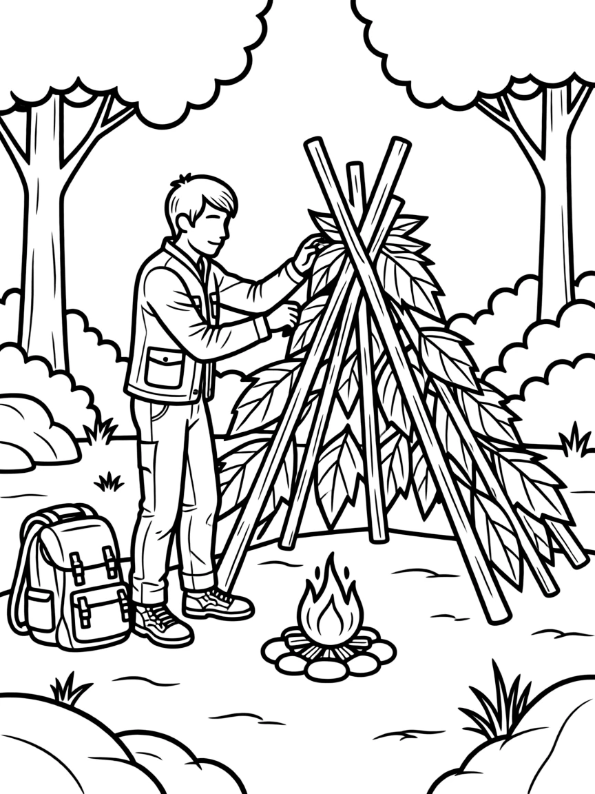Bear Grylls improvising a shelter in the wilderness