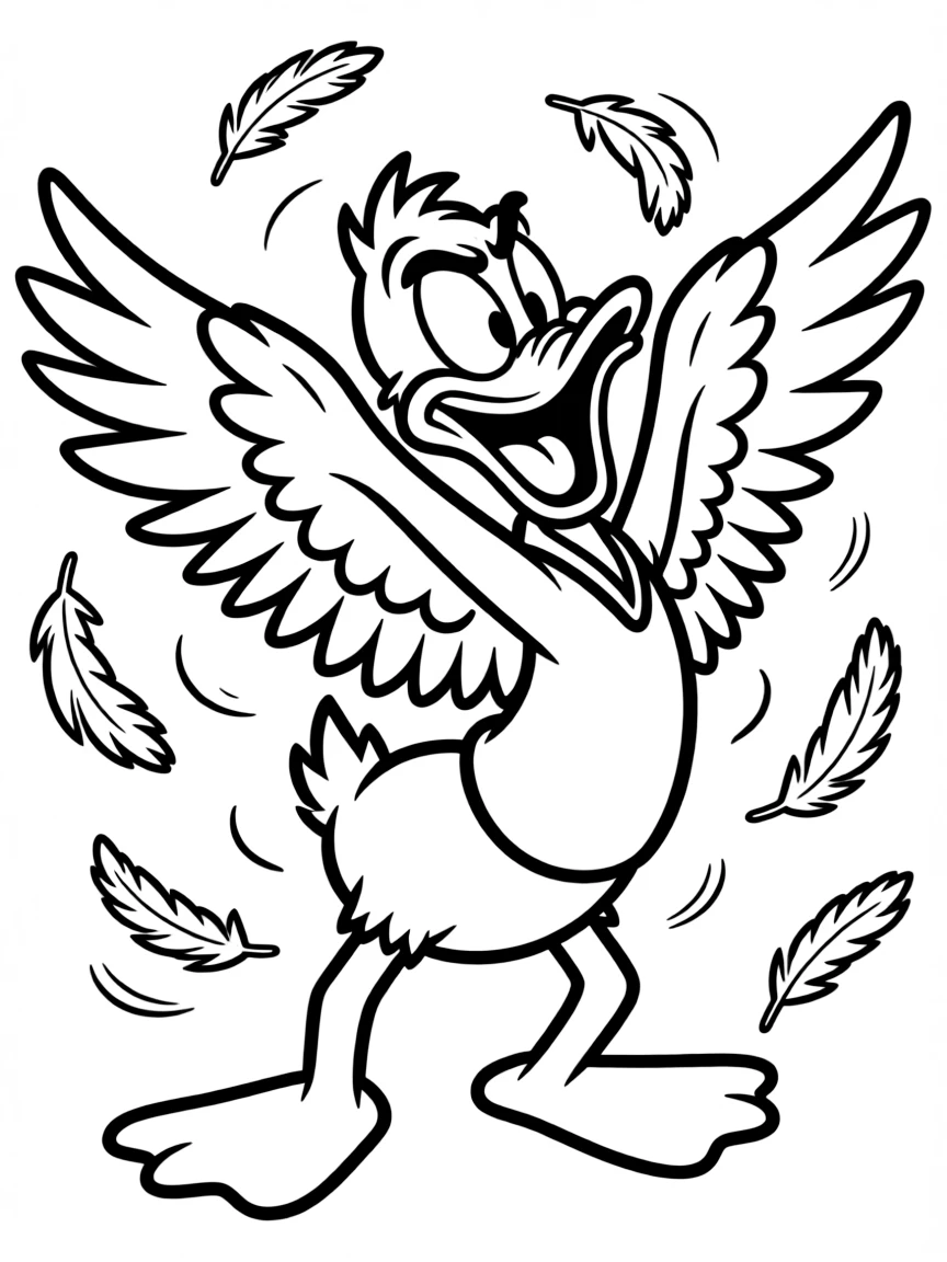 Daffy Duck in mid-tantrum with feathers flying