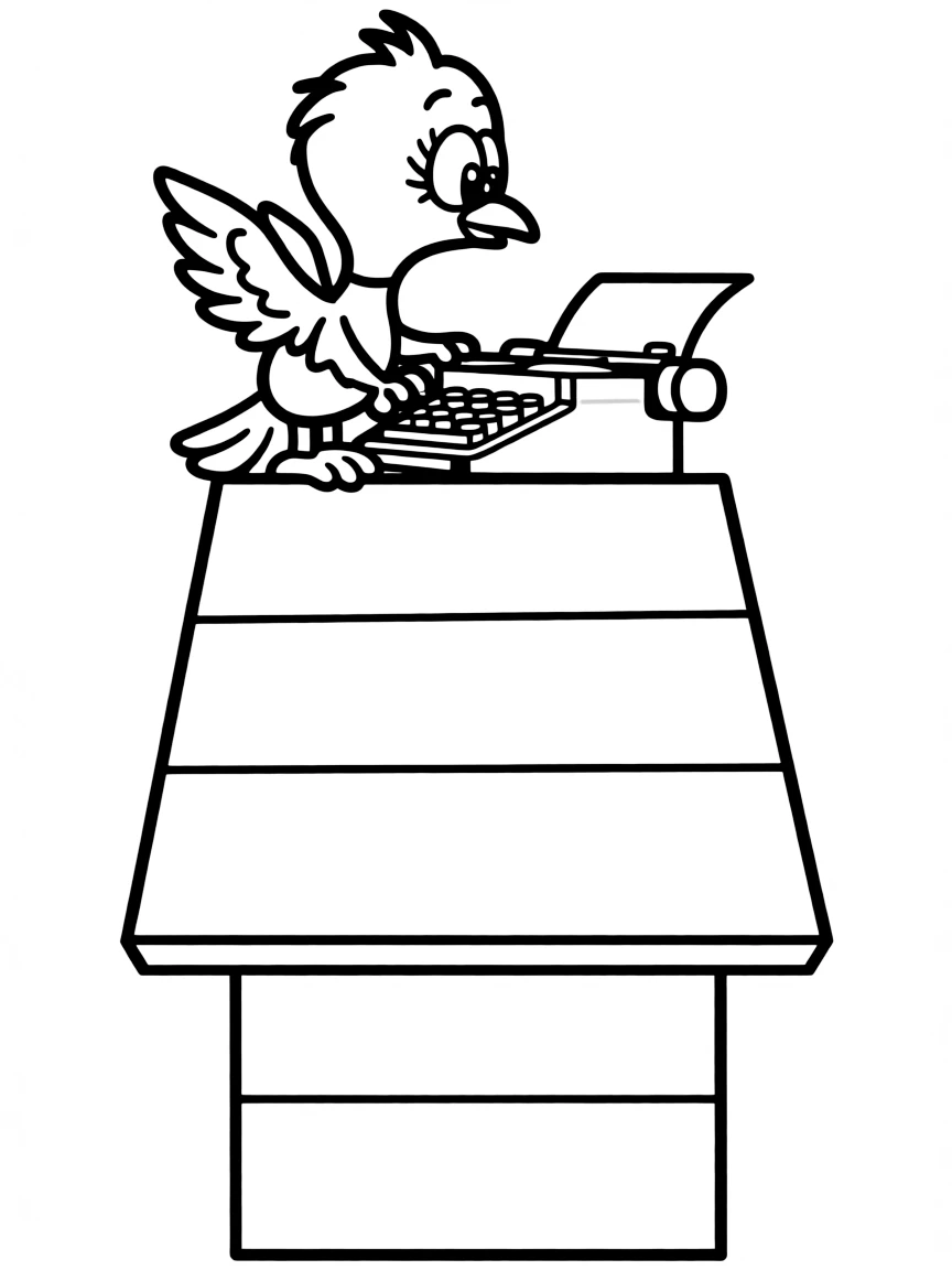 Woodstock perched on Snoopy's doghouse typing