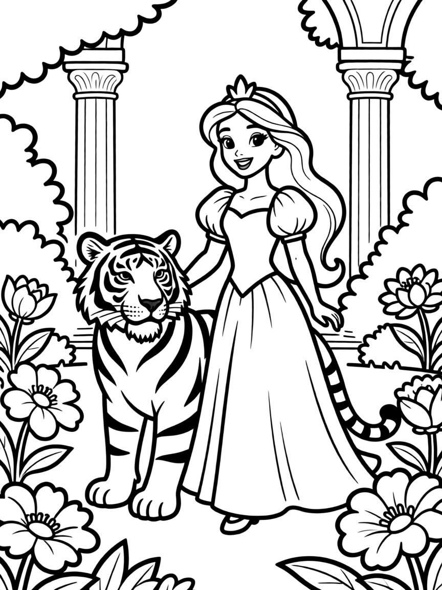 Princess Jasmine with Rajah in the palace gardens