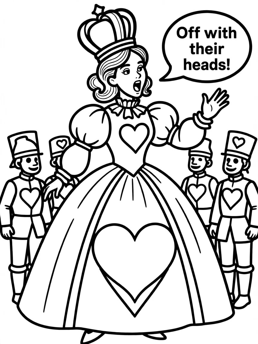 Queen of Hearts from Alice in Wonderland shouting "Off with their heads!"