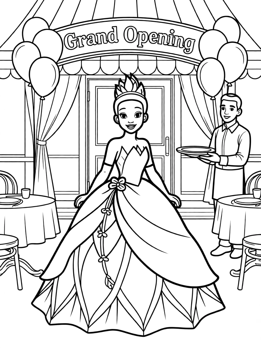 Princess Tiana in her gown at her restaurant opening