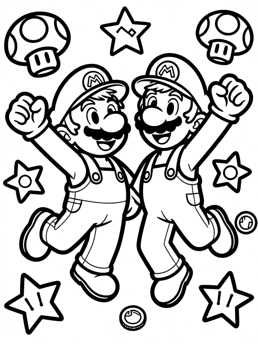 Mario and Luigi jumping together with power-up items