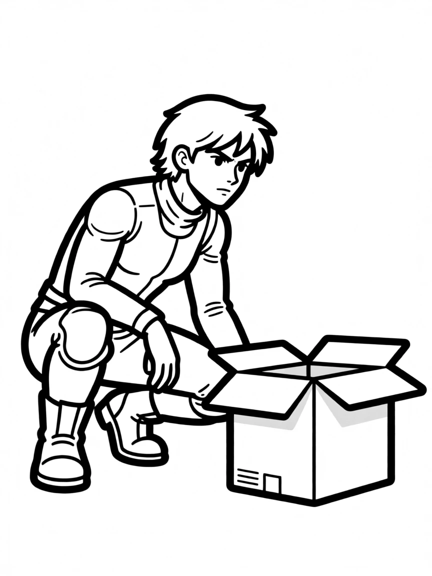 Solid Snake in stealth mode with cardboard box nearby
