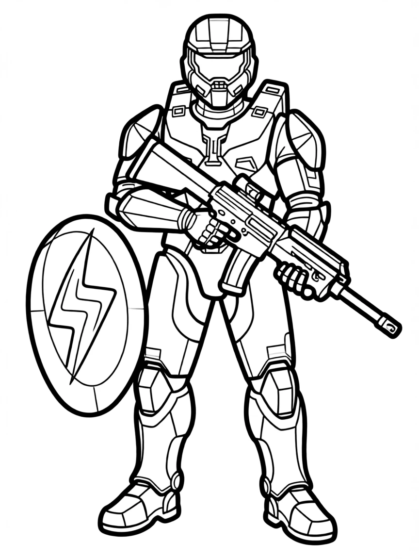 Master Chief from Halo with assault rifle and energy shield