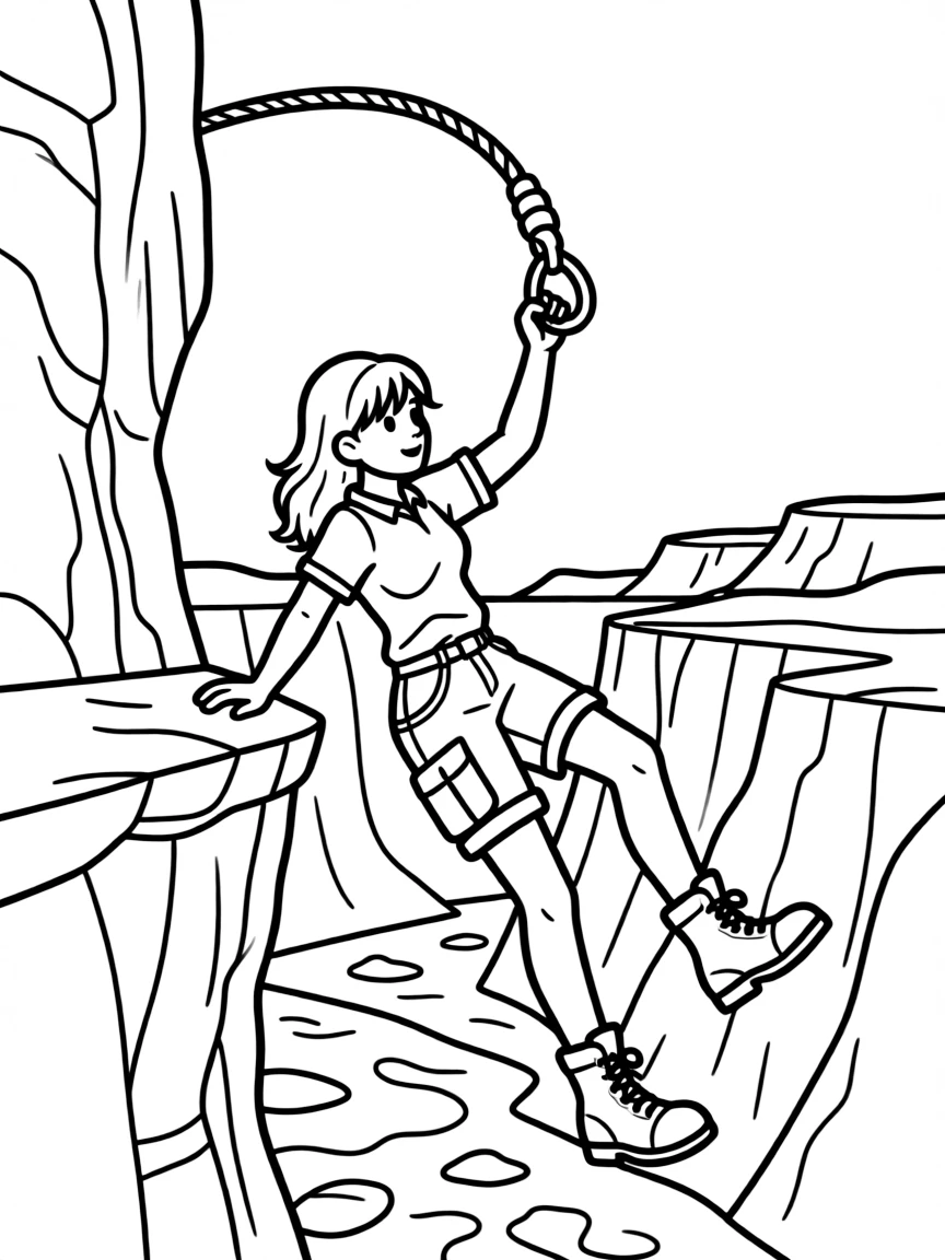 Lara Croft swinging across a chasm with grappling hook