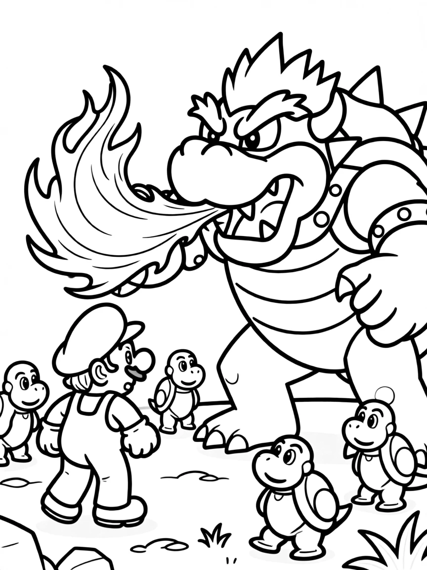 Bowser breathing fire at Mario with Koopa Troopas nearby