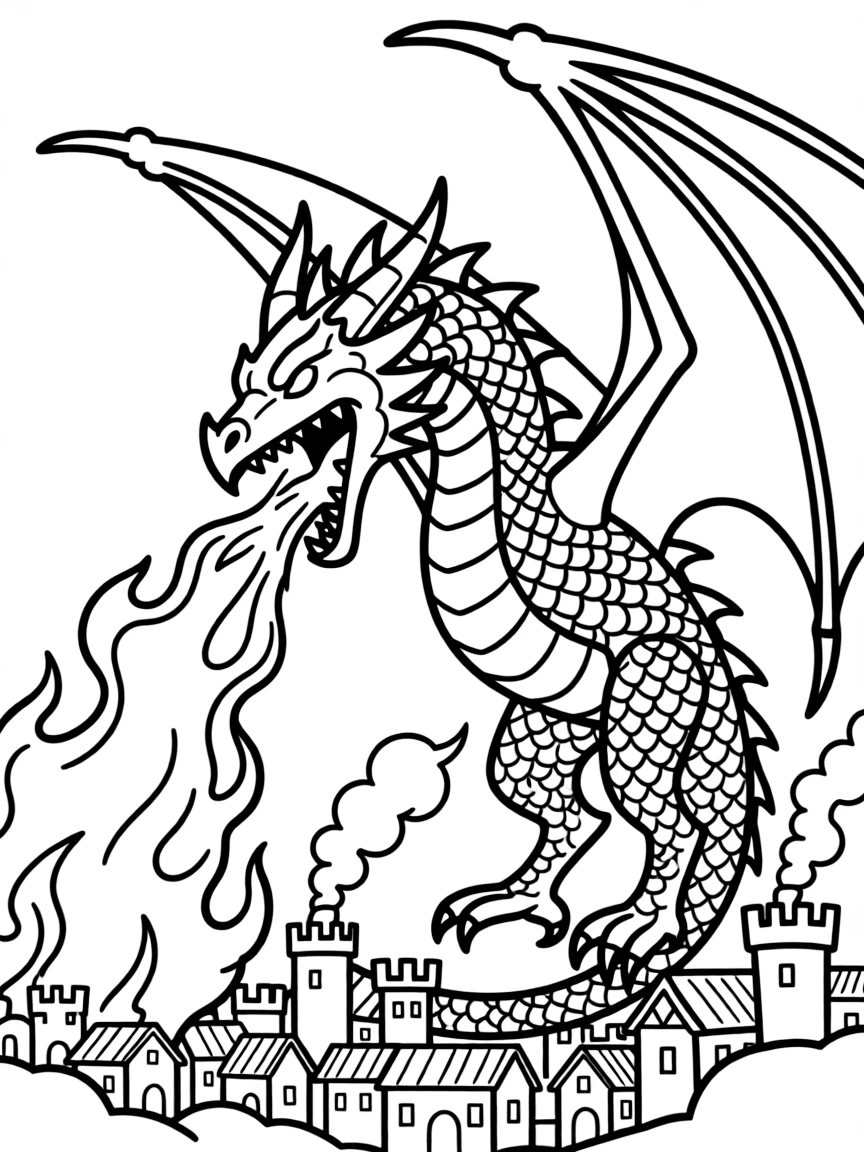 Alduin the World Eater from Skyrim breathing fire on Helgen