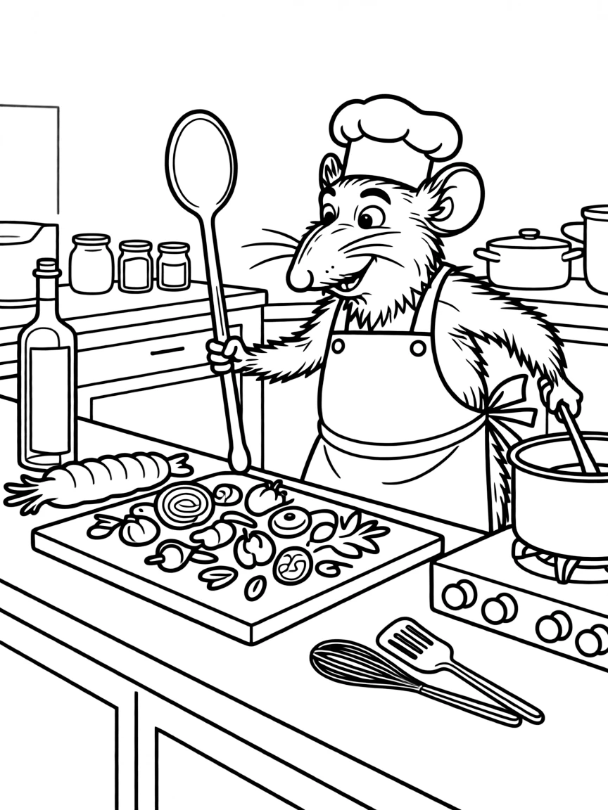 Remy from Ratatouille creating a gourmet dish