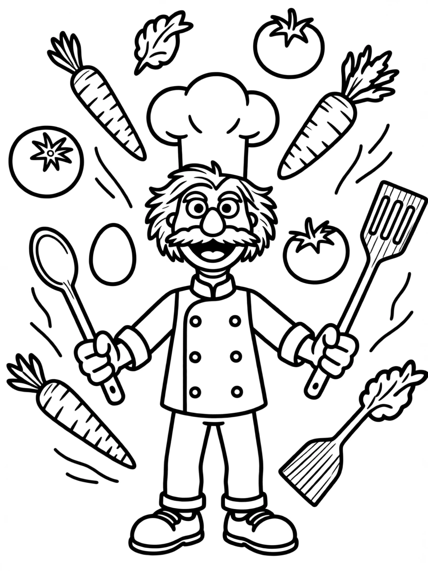 Swedish Chef from The Muppets with flying ingredients