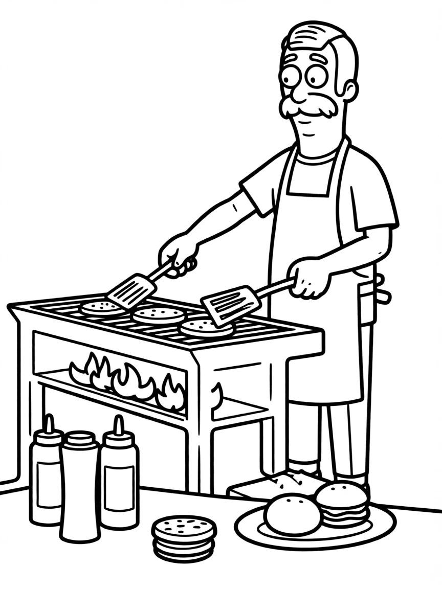 Bob Belcher from Bob's Burgers at his restaurant grill