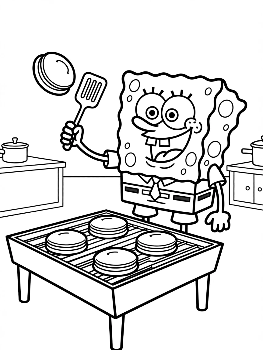 SpongeBob flipping Krabby Patties with spatula