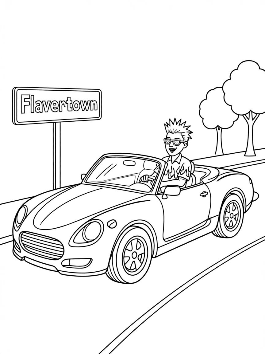 Guy Fieri in his convertible heading to Flavortown