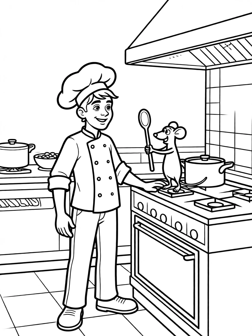 Linguini and Remy working together in the restaurant kitchen