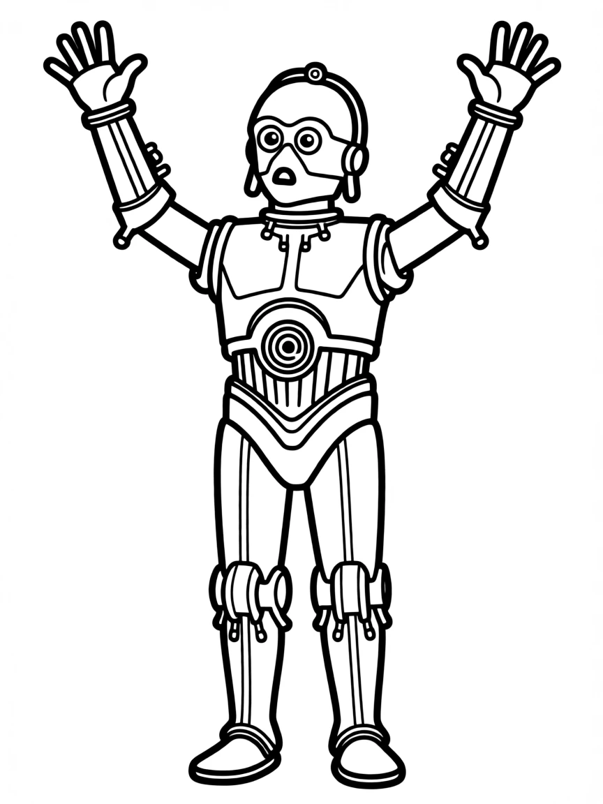 C-3PO in a state of panic with arms raised