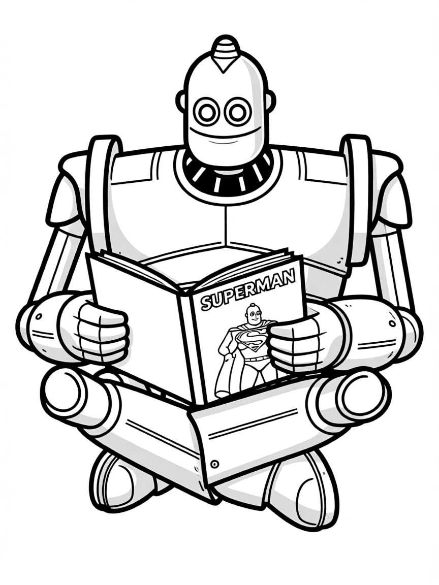 The Iron Giant looking at a "Superman" comic book