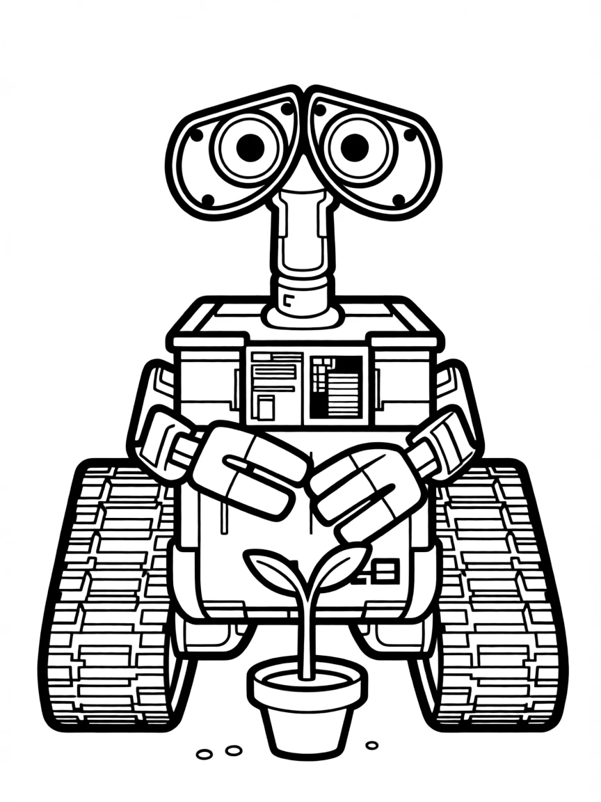WALL-E holding a plant in his compactor hands