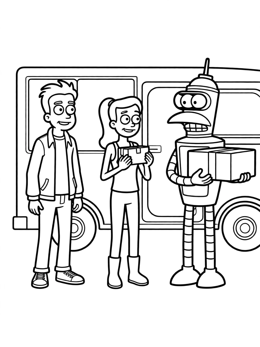 Futurama's Fry, Leela, and Bender on a delivery mission